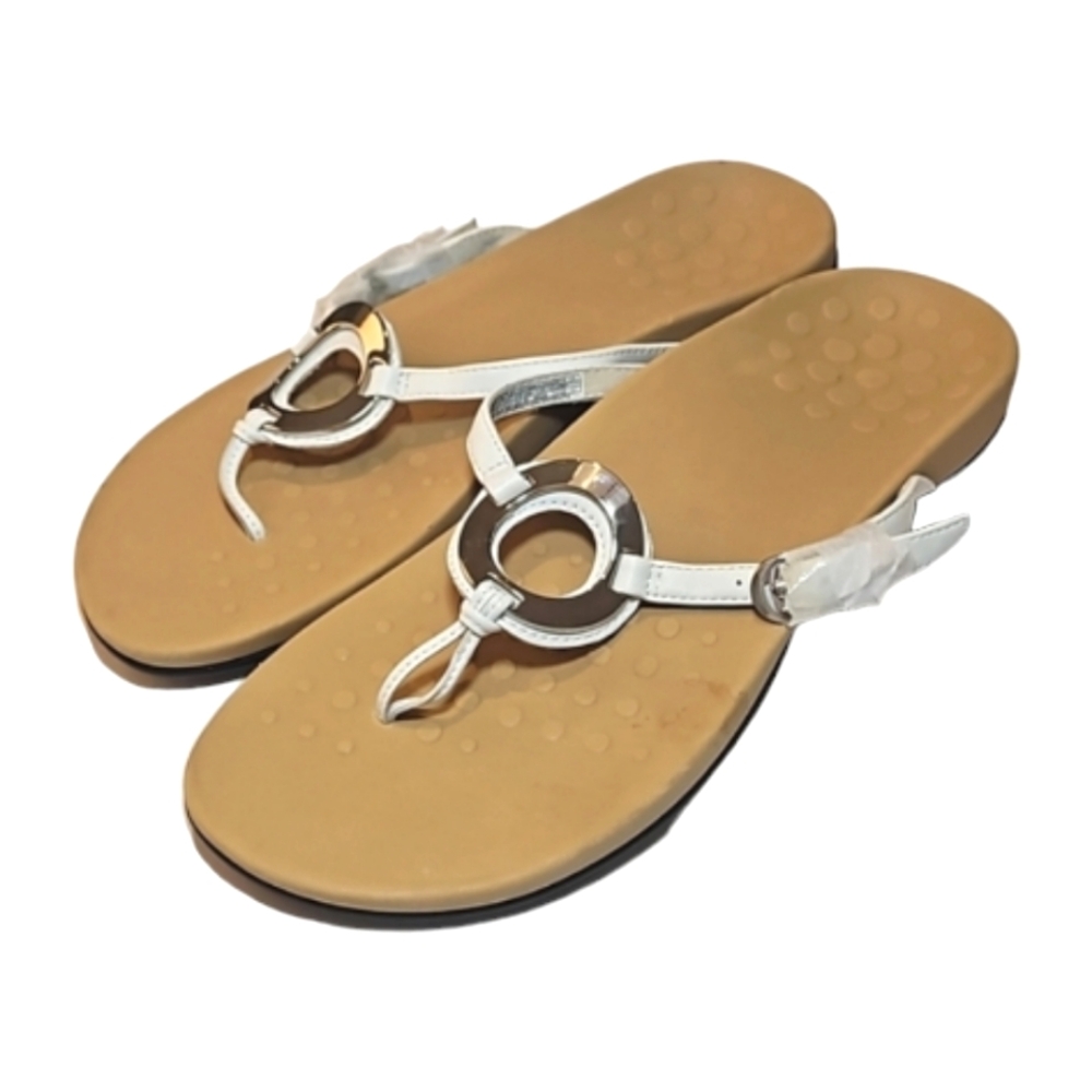 Vionic Karina white flip-flop thong sandals silver ring ankle buckle women's 10